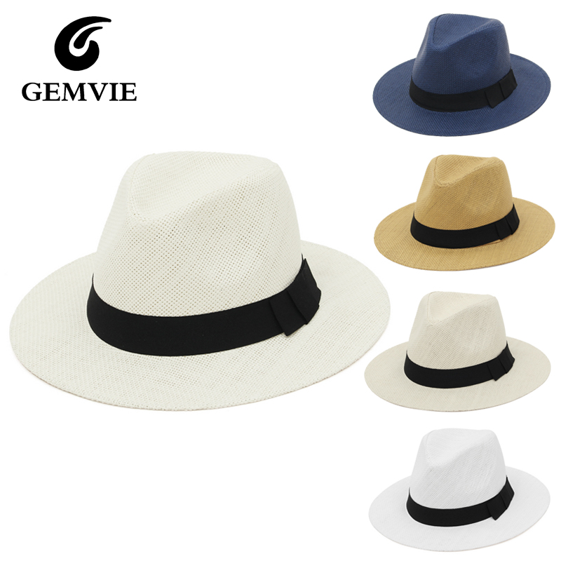 Bucket Hat Straw - 夏用ストローパナマハット 女性男性用 広いつばのアウトドアUVカットサンビーチフェドラハット ブラックハットバンド付き
