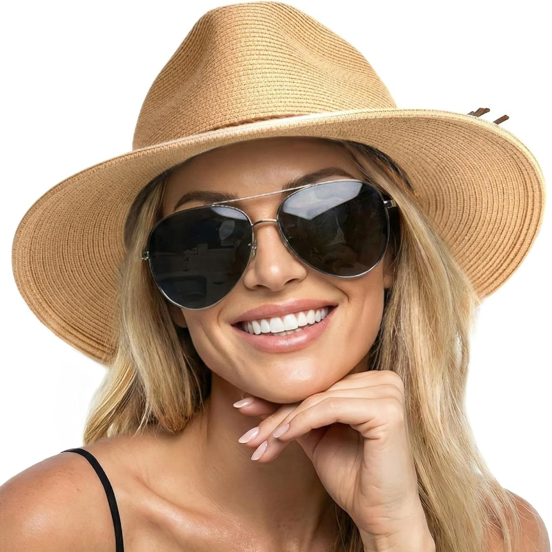 Bucket Hat Straw - 1個入り 夏用麦わらビーチサンハット 女性用 UPF50+ フロッピーワイドブリム トラベルバケット