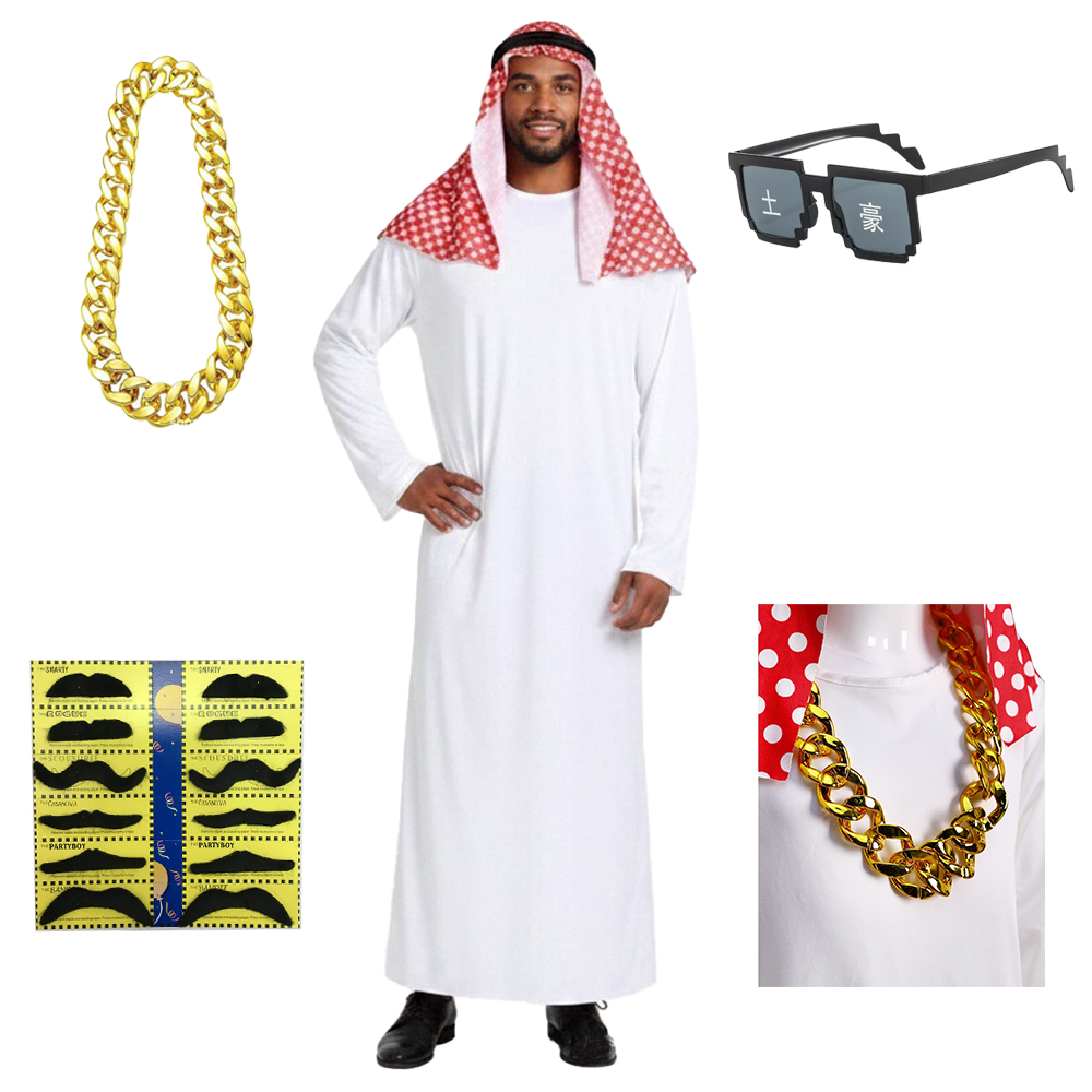 Sunglass Retainer Cord - メンズアラブコスプレローブ ゴールデンチェーンサングラス ひげ付きアラビアンコスチューム ホワイトトーブ ヘッドスカーフ付き ハロウィンテーマパーティースーツ