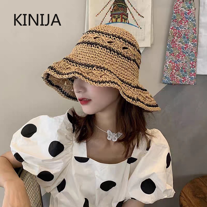 夏の帽子女性わら太陽の帽子折りたたみ太陽の帽子韓国スタイル日 - Bucket Hat Straw のレビューと価格
